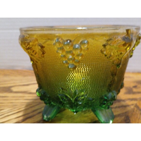 Vintage Jeannette Glass Ombre Amber Green Grape Pattern footed candy dish - Picture 11 of 16